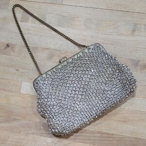 Vintage Evening Bag With Silver Rhinestones On A Cream Fabric Purse